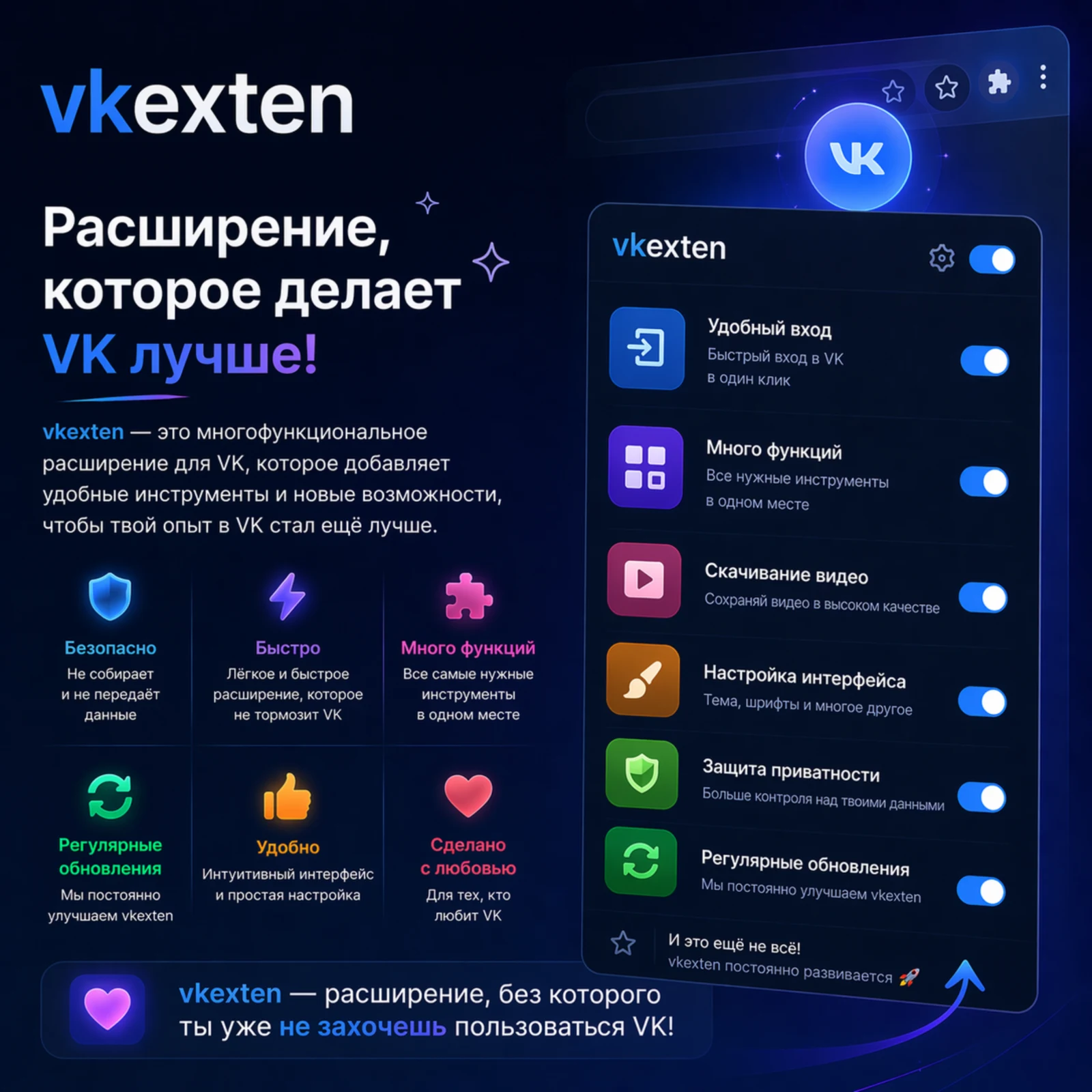 Промо-изображение VKexten с возможностями сервиса